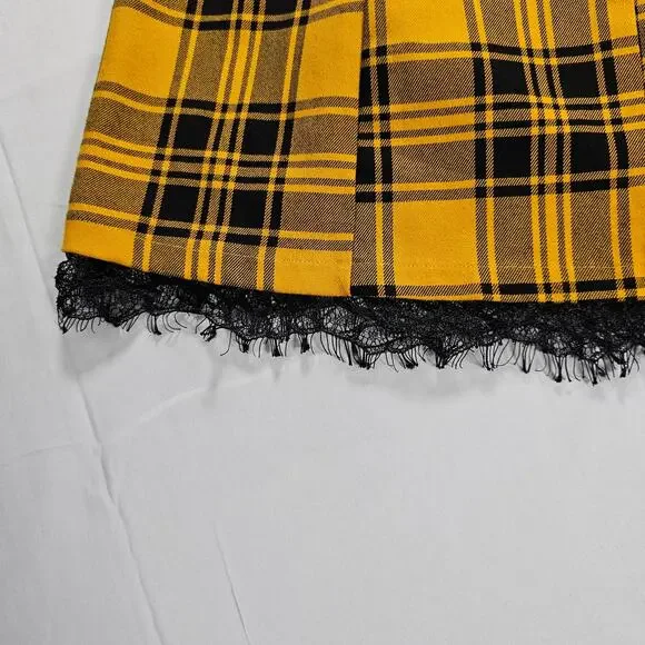 Social Tourist Yellow Plaid Strapless Mini Dress Womens S Smocked Back Lace Trim - Picture 2 of 5